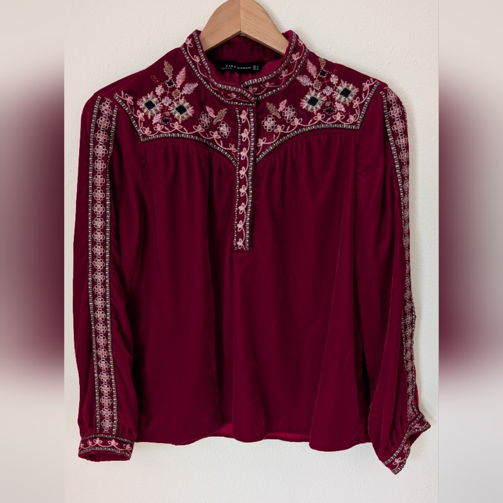 Zara Women's Red Blouse with Embroidery, Sz M
